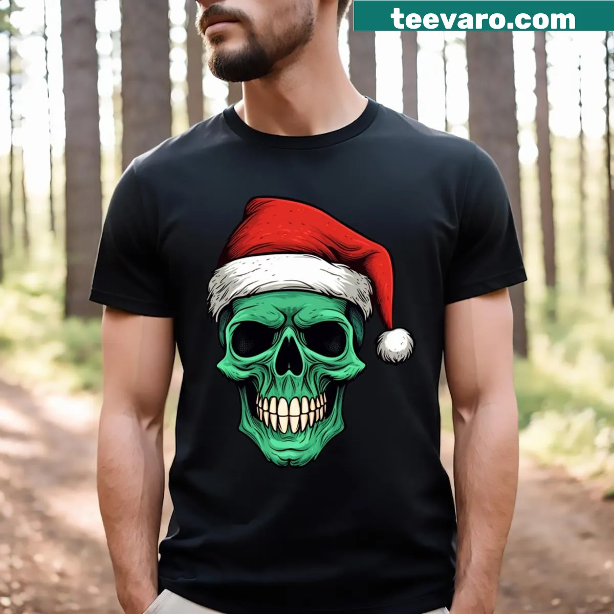 Skull graphic with Christmas decorations for a unique holiday look — on a men's t-shirt