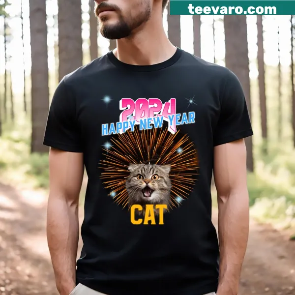 New Year T-shirt with a playful cat and 2024 design