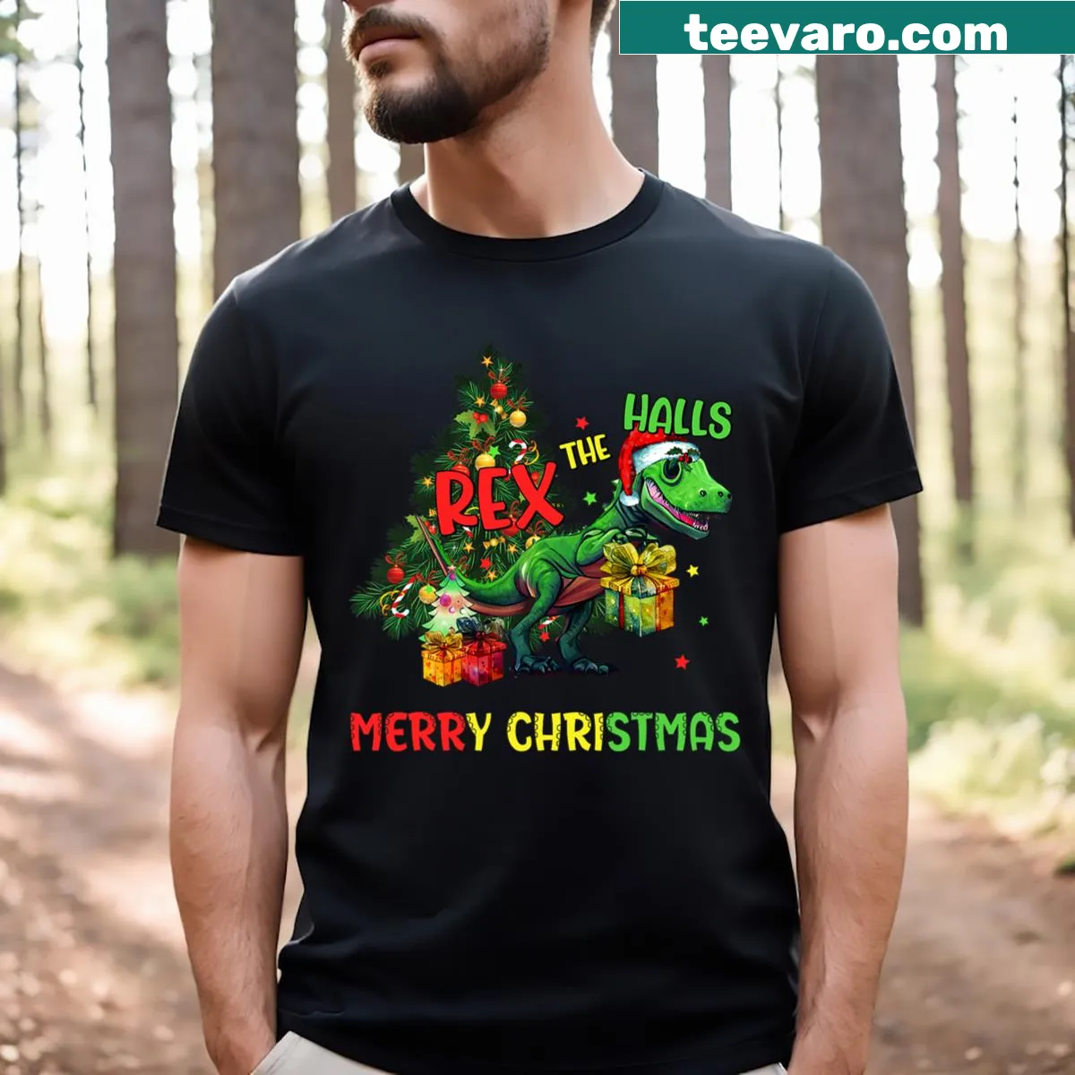 Edgy typography design featuring a T. Rex for Christmas celebrations. — on a men's t-shirt