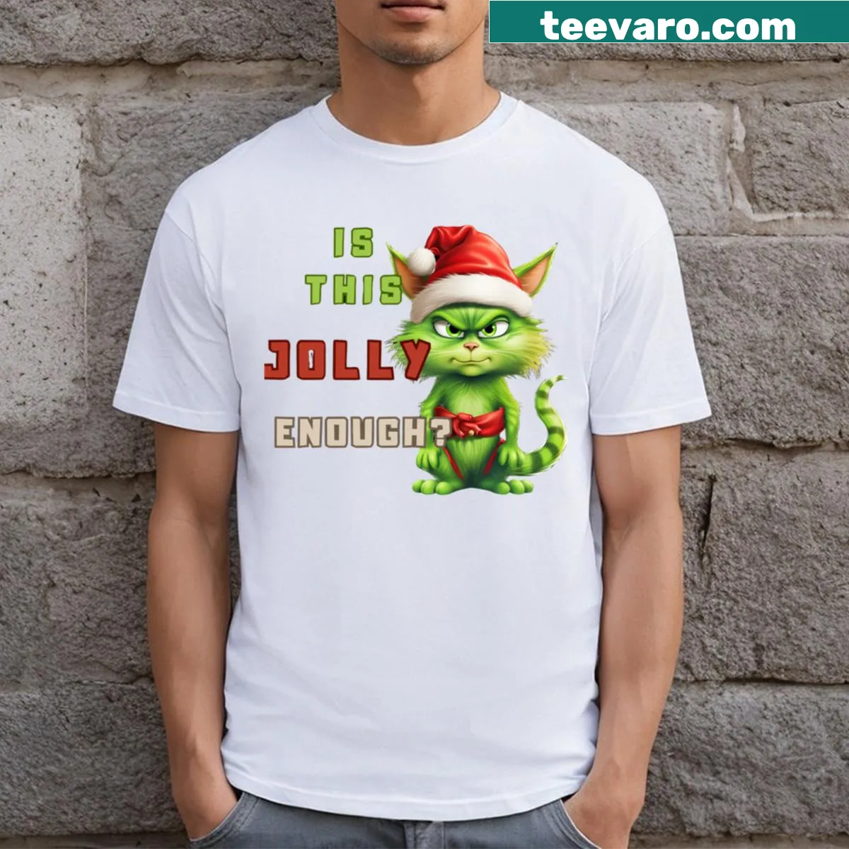 Playful T-shirt asking 'Is This Jolly Enough?' for the holidays — on a men's t-shirt