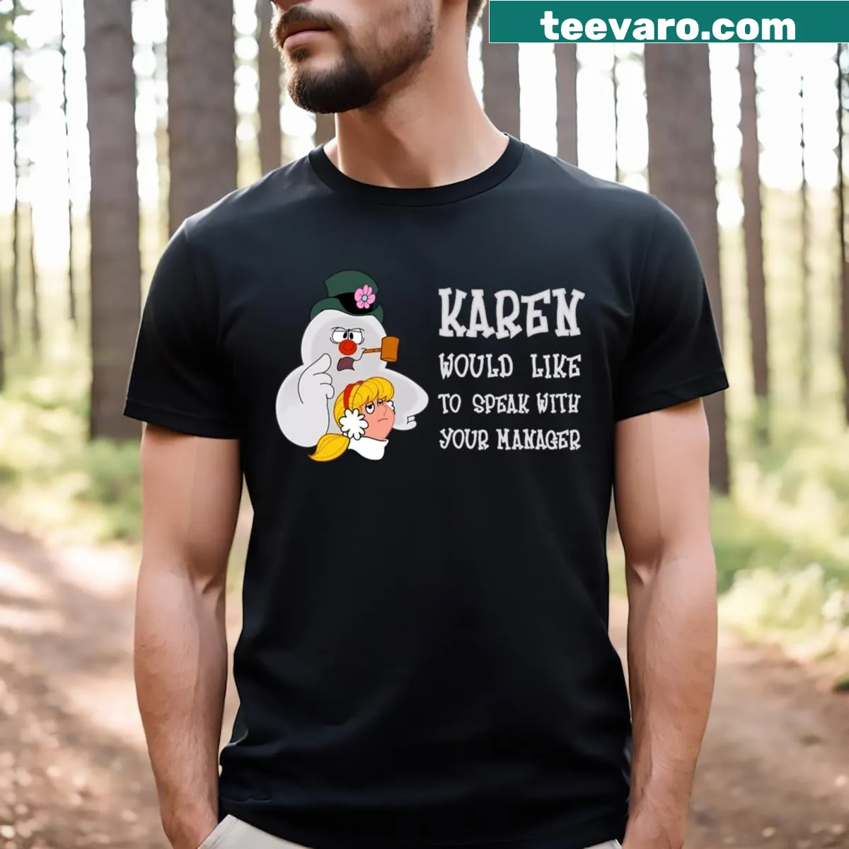 Cute cartoon T-shirt with alternate Karen Kristmas design — on a men's t-shirt