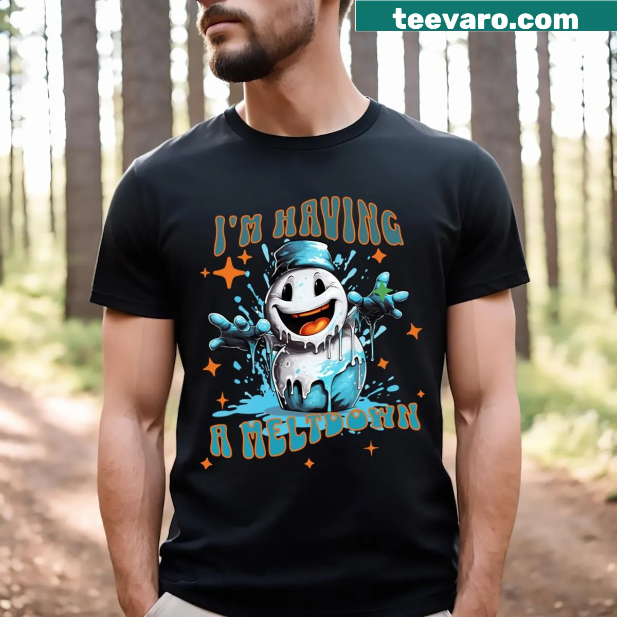 Cute T-shirt featuring a melting snowman design — on a men's t-shirt