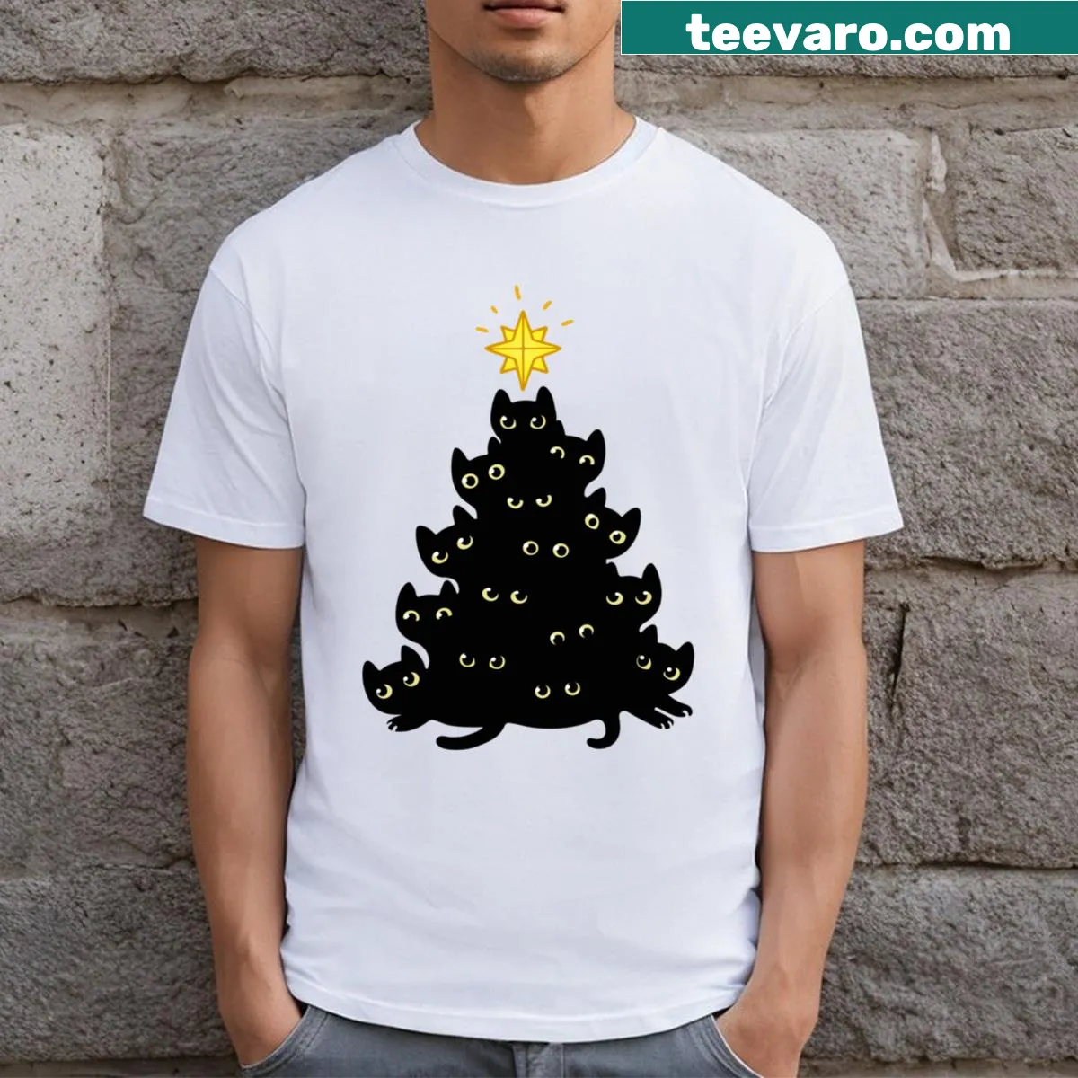 Cute Meowy Christmas design featuring a cat on a t-shirt — on a men's t-shirt