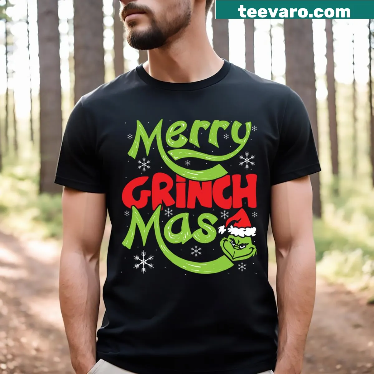 Playful T-shirt featuring a Merry Grinch Mas design — on a men's t-shirt