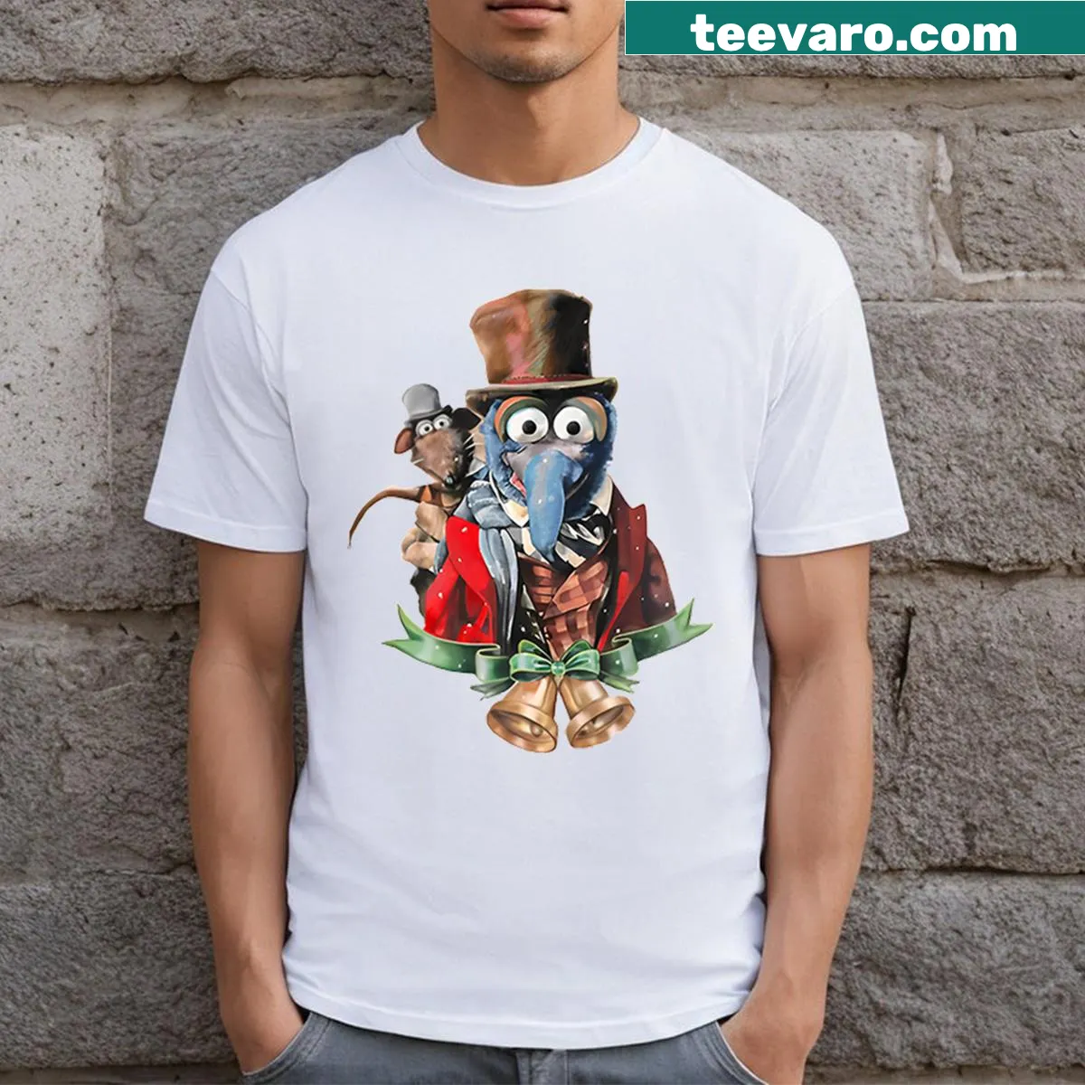 T-shirt featuring Muppet Christmas Carol characters — on a men's t-shirt