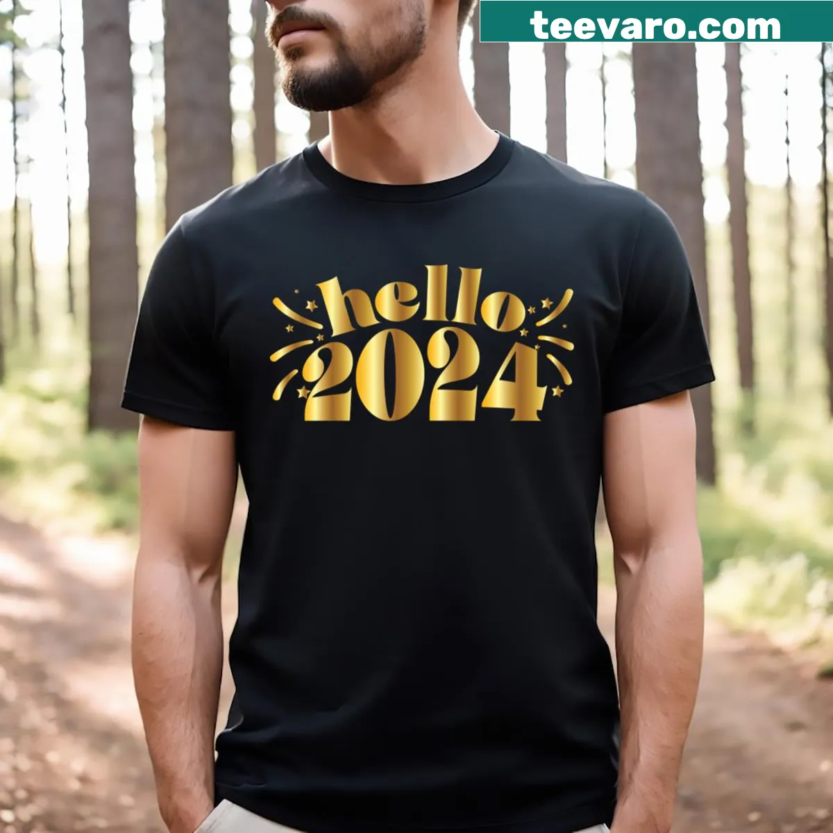 Happy New Year graphic t-shirt for 2023 and 2024 celebrations — on a men's t-shirt
