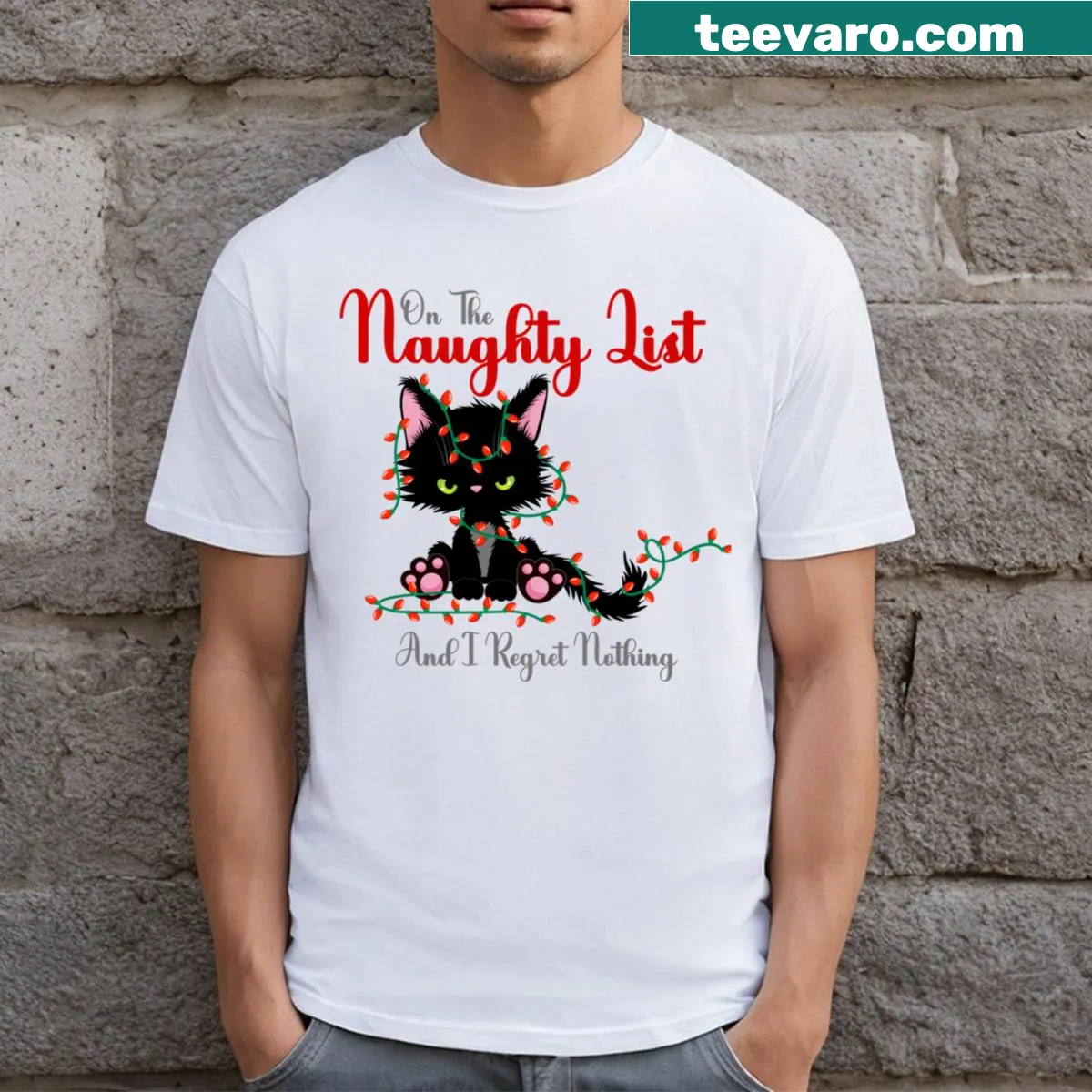 Funny Christmas t-shirt with naughty list theme and cat graphic — on a men's t-shirt