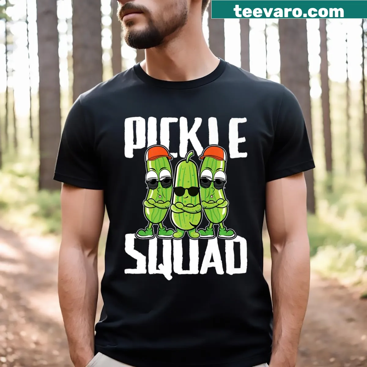 Funny Pickle Squad t-shirt with cucumber design — on a men's t-shirt