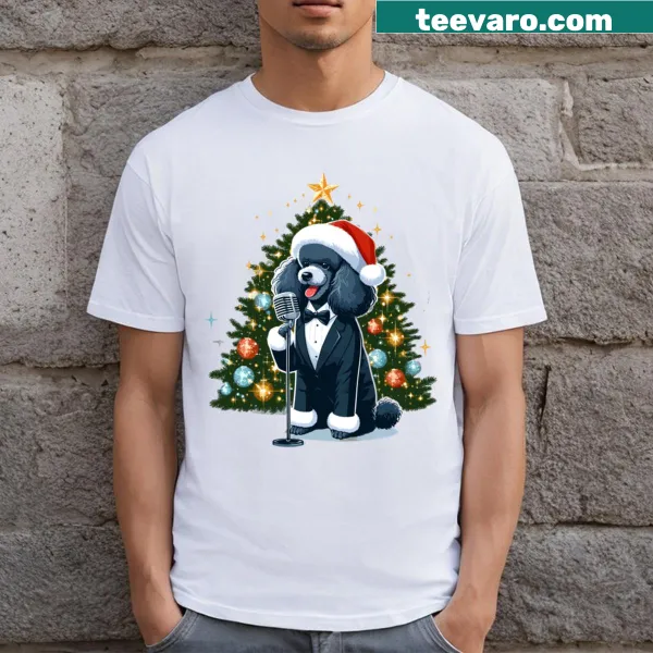 Adorable Christmas T-shirt featuring a singing poodle illustration.
