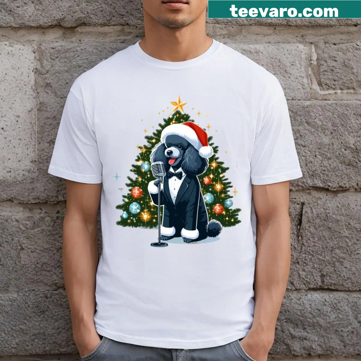 Adorable Christmas T-shirt featuring a singing poodle illustration. — on a men's t-shirt