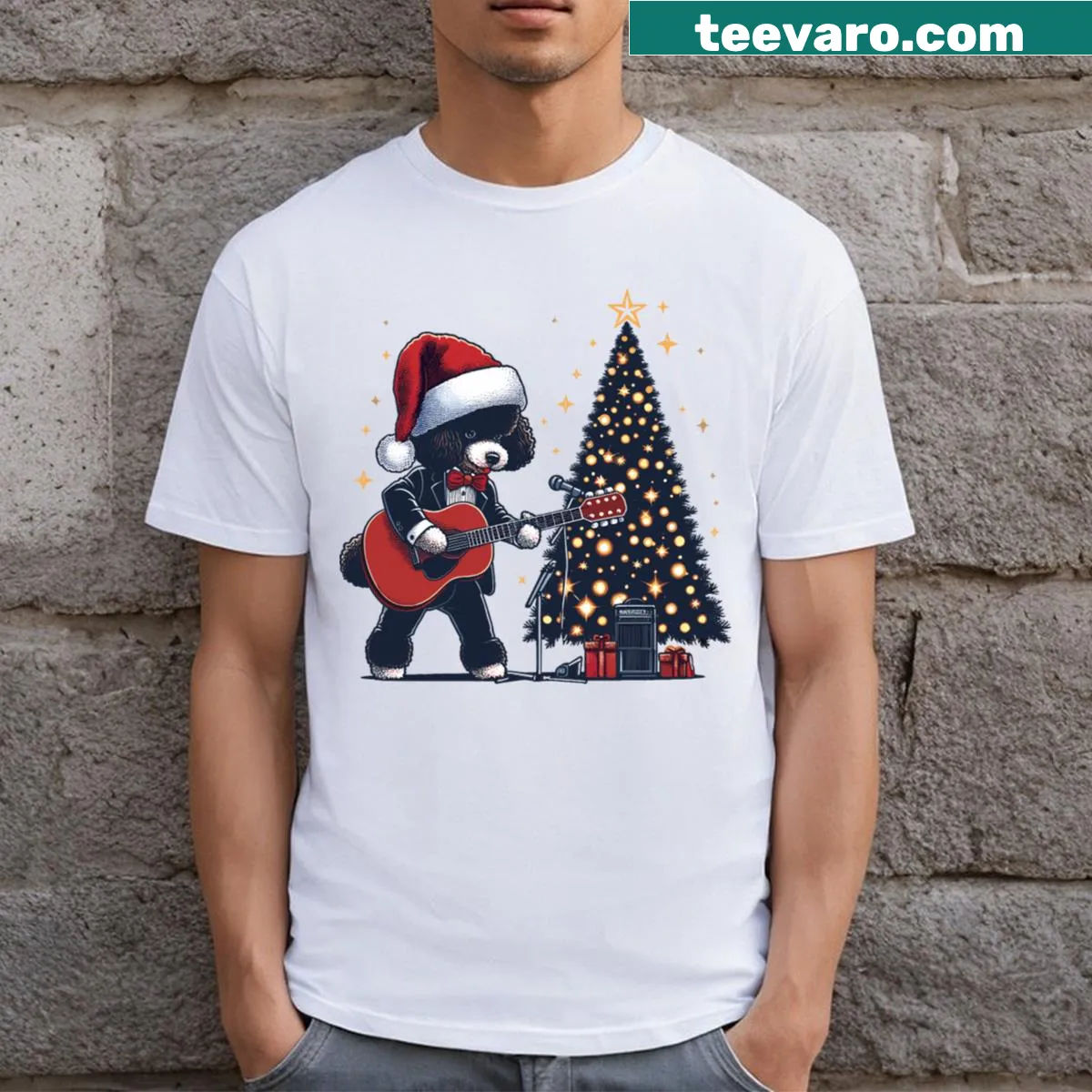 Illustration of a poodle playing guitar with Christmas decorations — on a men's t-shirt