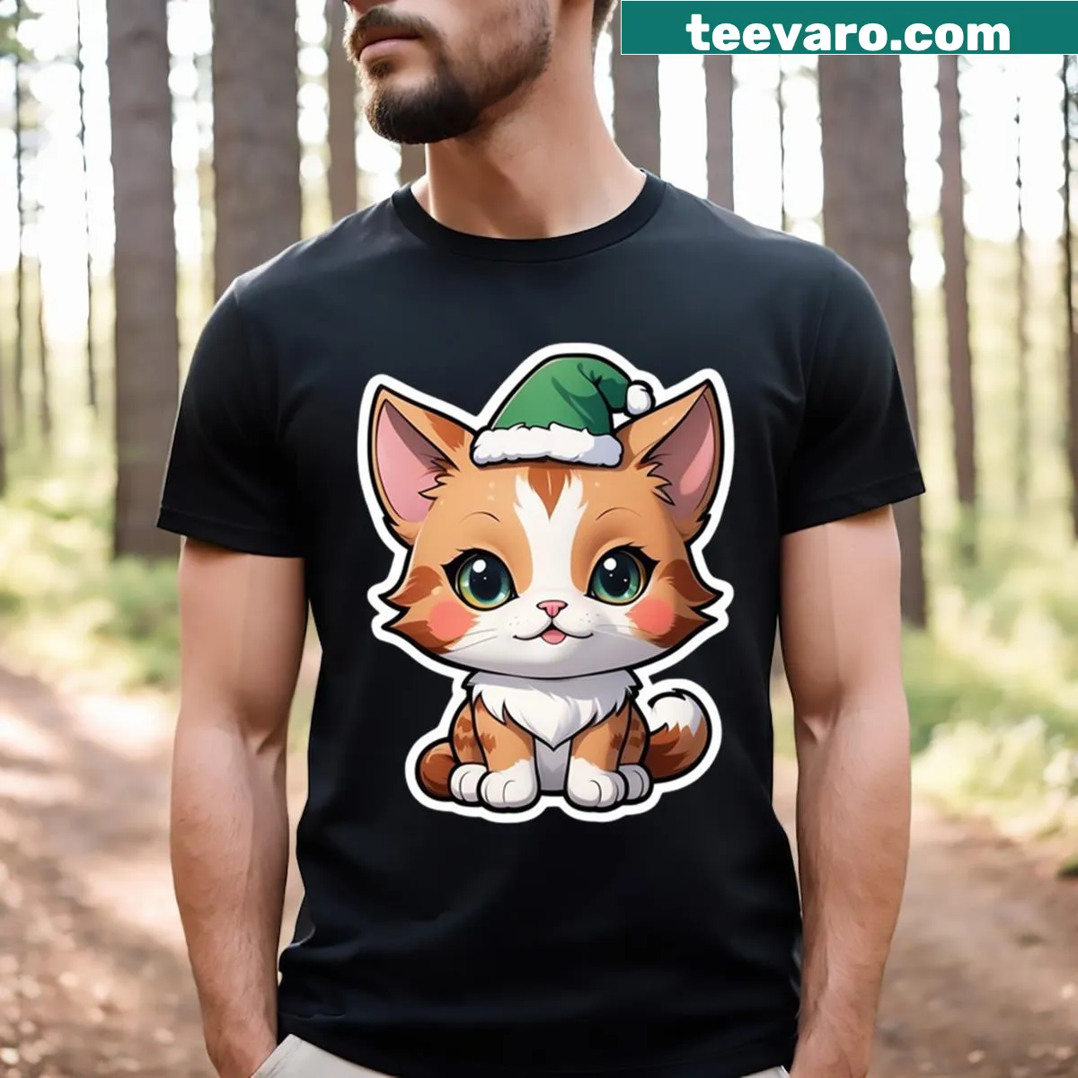 Cute Maine Coon cat with green Christmas hat illustration — on a men's t-shirt
