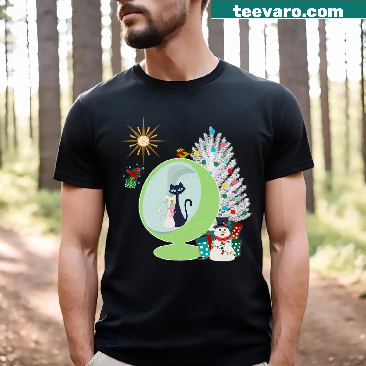 Retro Christmas Cat t-shirt with mid-century design — on a men's t-shirt