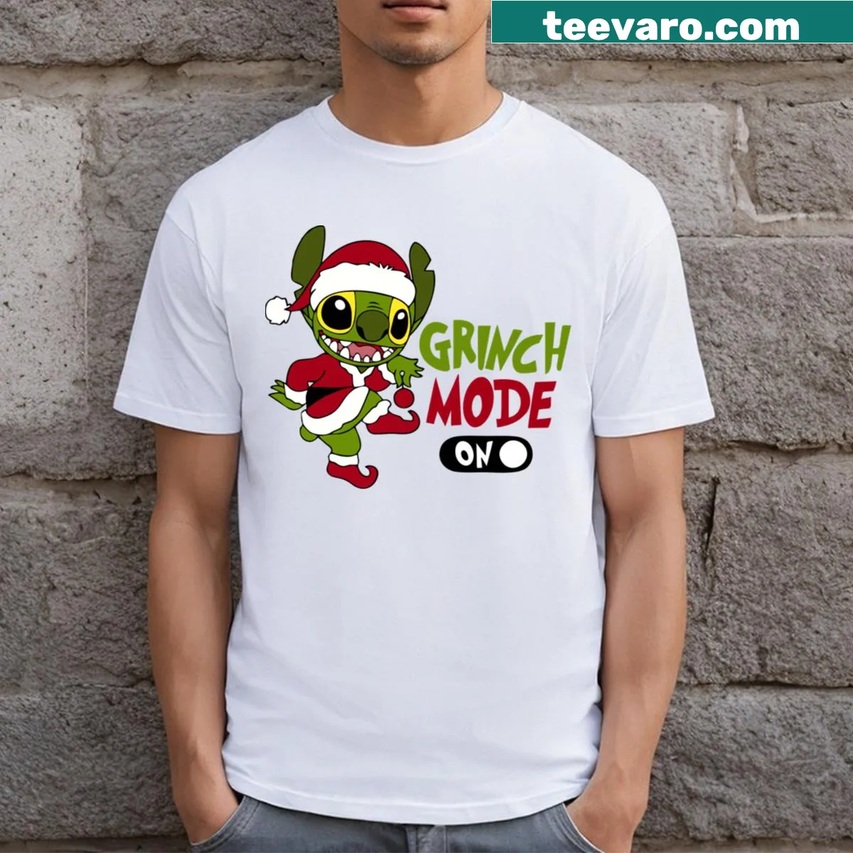 Playful Santa Stitch Christmas t-shirt design — on a men's t-shirt