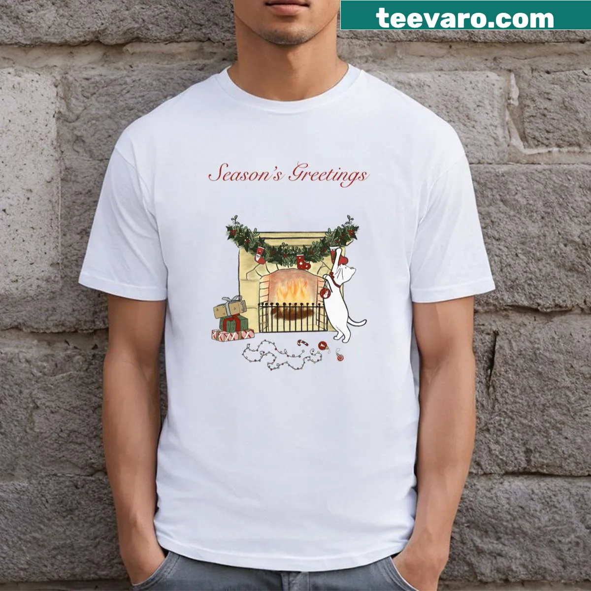 Cute cat illustration with Christmas elements t-shirt — on a men's t-shirt