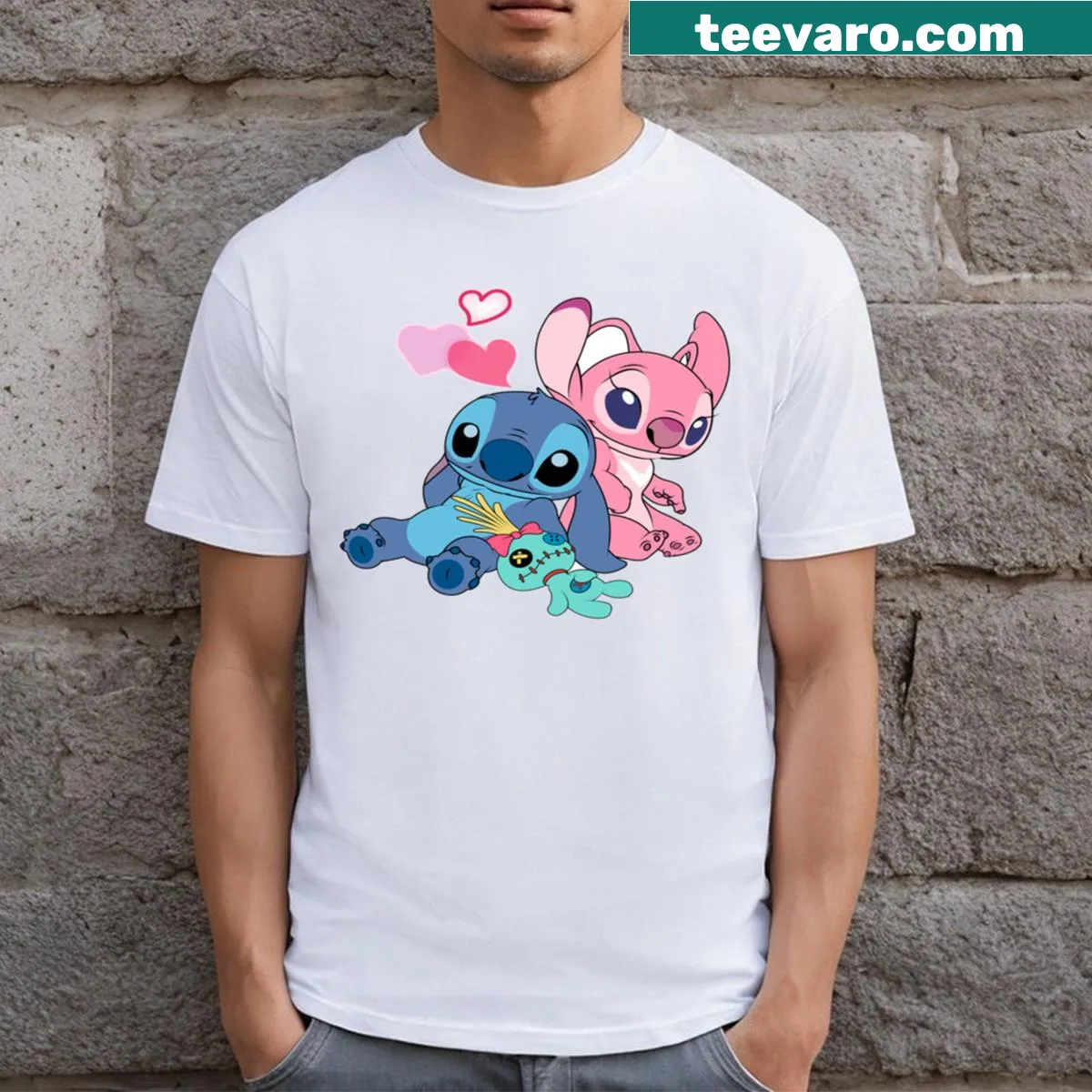 Heartwarming Stitch and Angel graphic design t-shirt — on a men's t-shirt