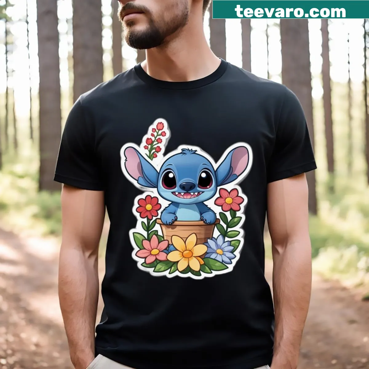 Stitch cartoon t-shirt with floral accents — on a men's t-shirt