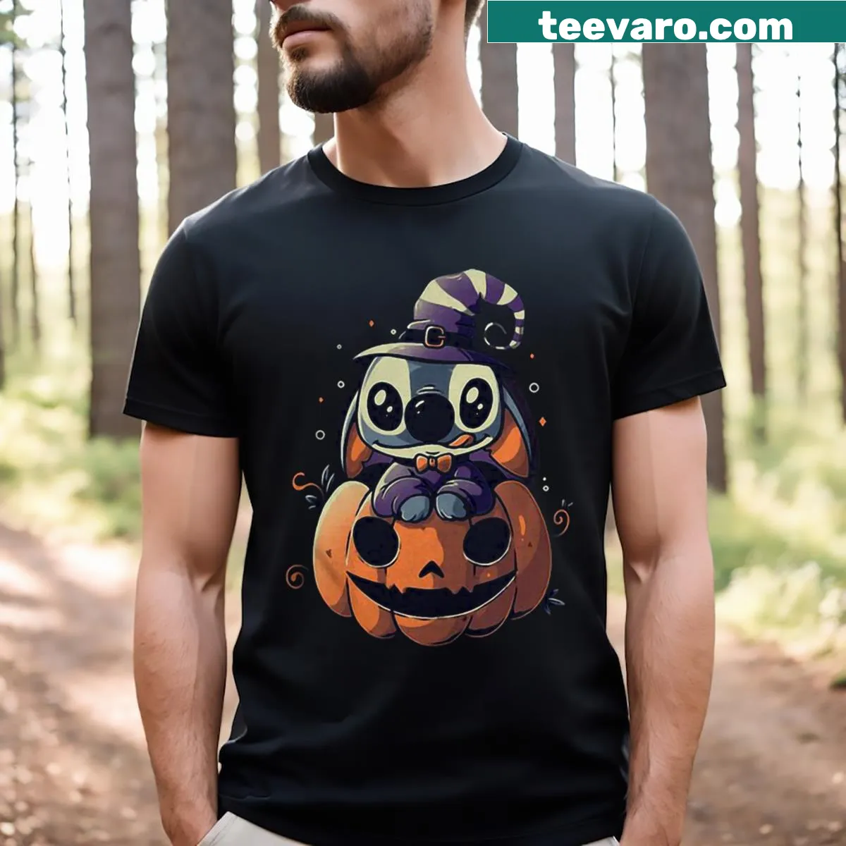 Halloween-themed T-shirt with a cartoon Stitch and pumpkin design — on a men's t-shirt
