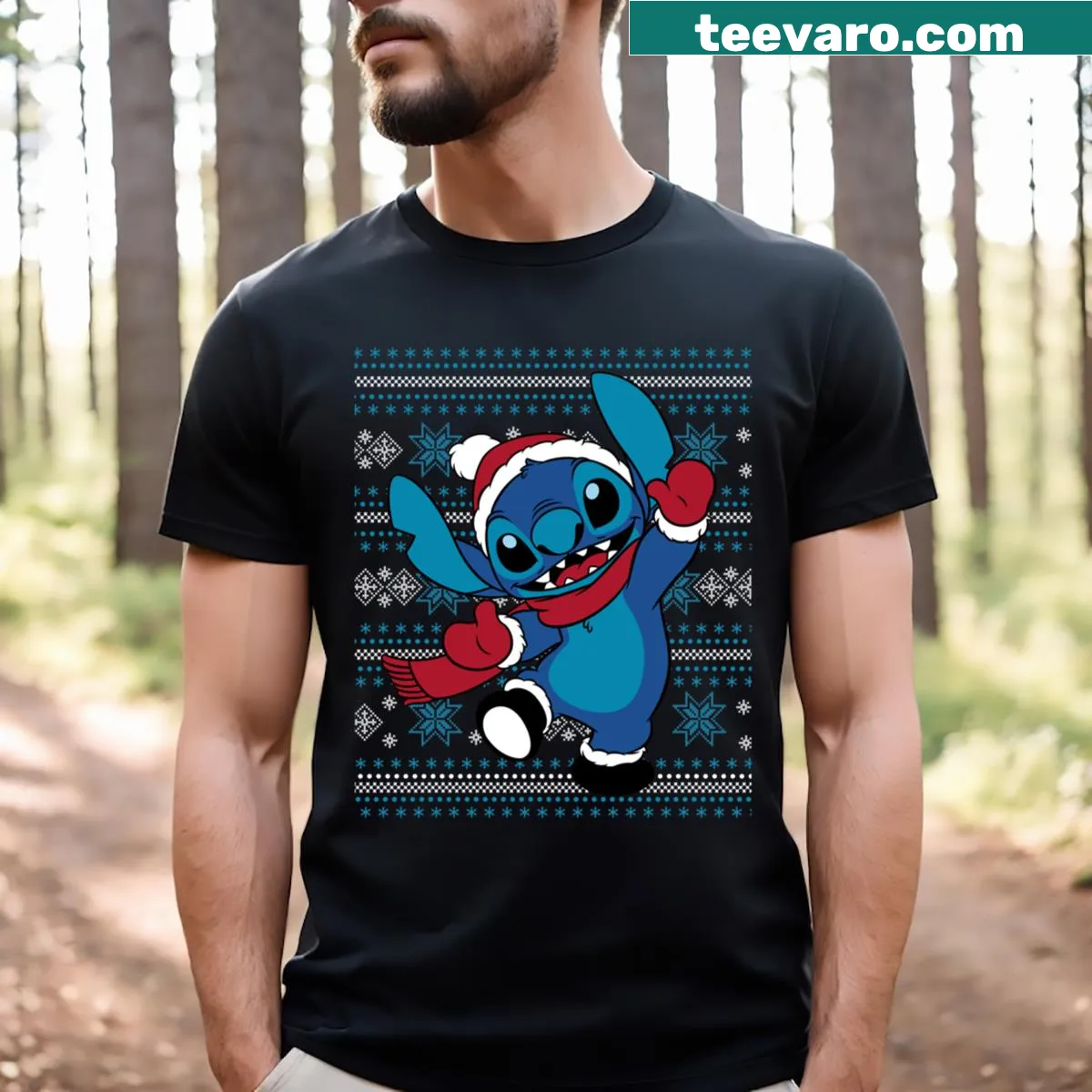 Holiday-themed T-shirt featuring a cheerful Stitch design — on a men's t-shirt