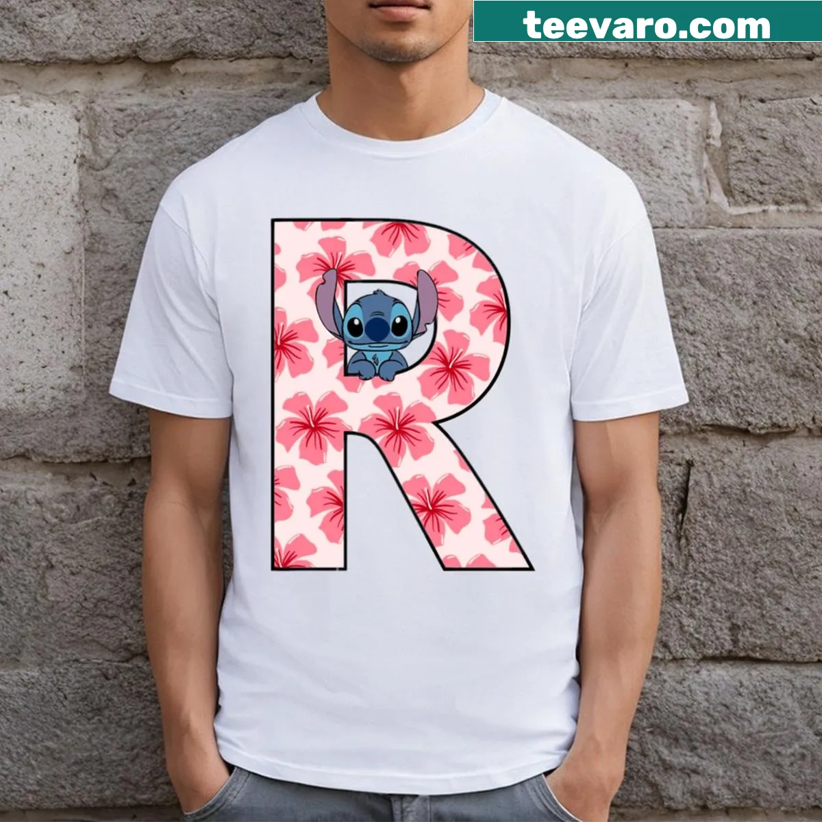 Minimalist Stitch Letter t-shirt with hand-lettered design — on a men's t-shirt