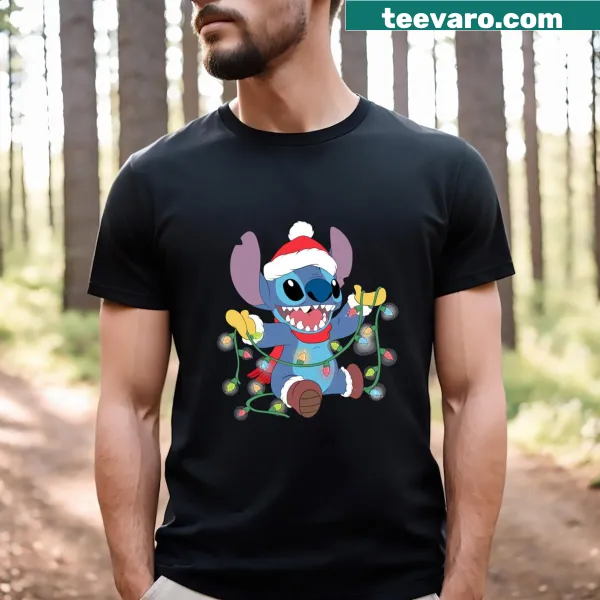 Christmas-themed T-shirt featuring Stitch with lights design