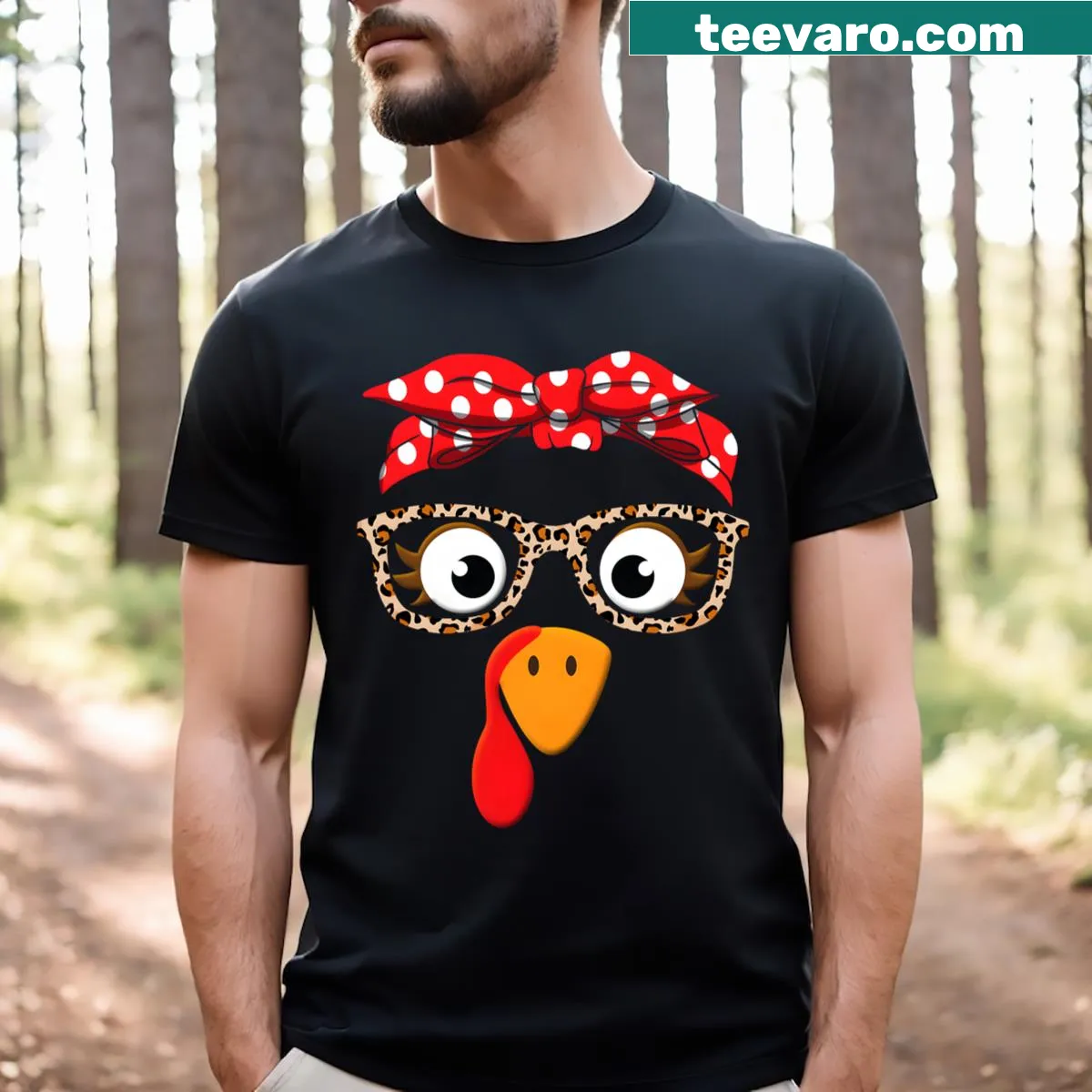 Thanksgiving t-shirt featuring a turkey with leopard print glasses — on a men's t-shirt