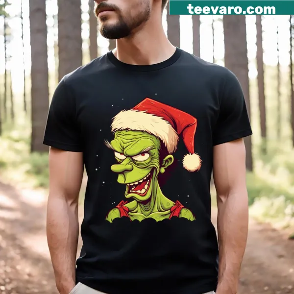 Whimsical T-shirt featuring the Grinch as a Santa Goblin design