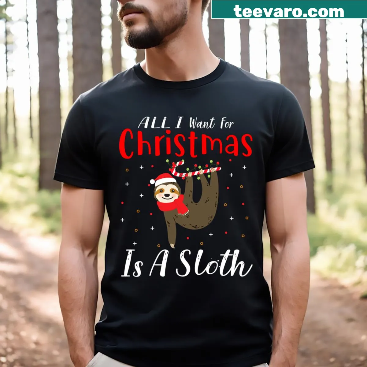 Christmas T-shirt featuring a cute sloth in festive attire — on a men's t-shirt