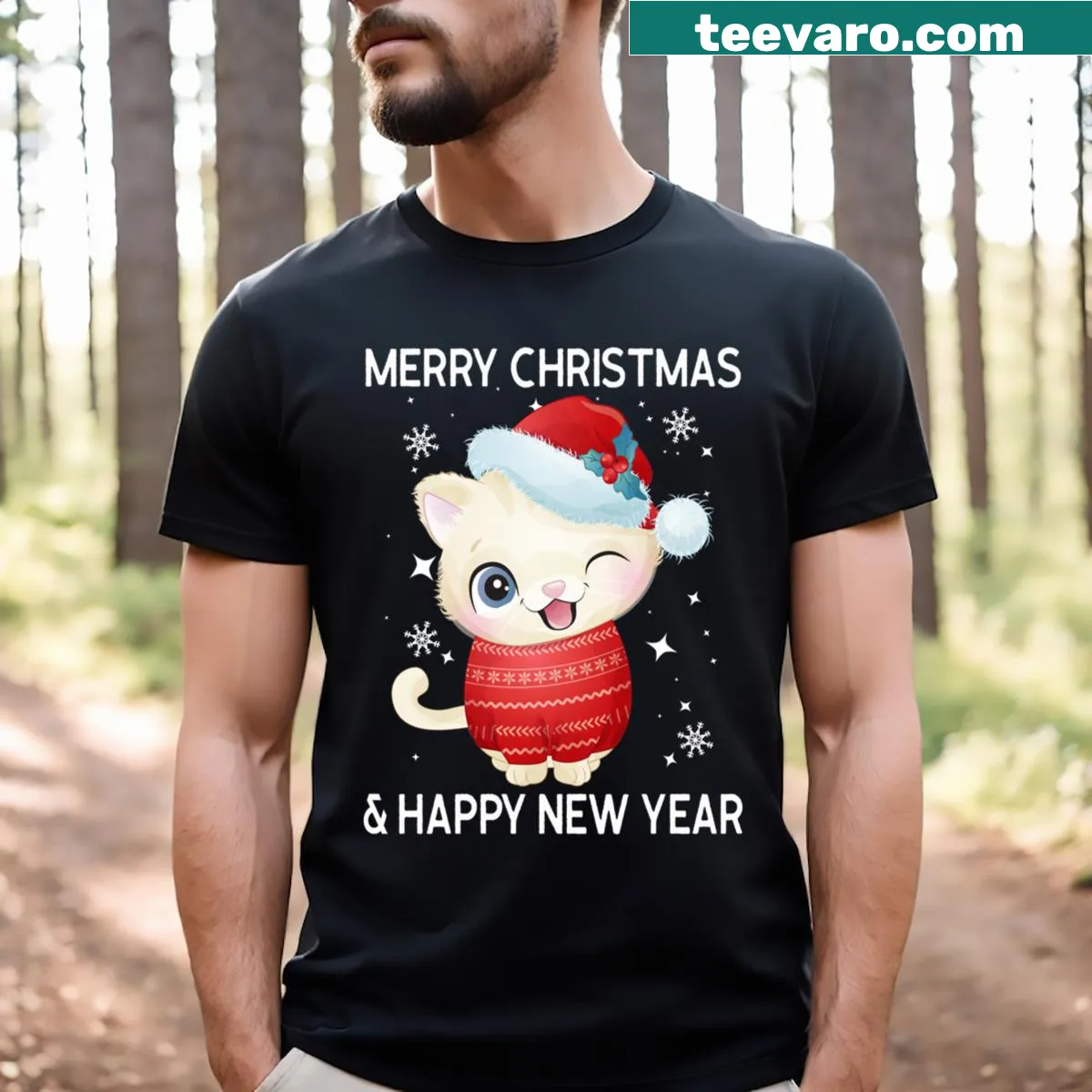 Illustration of an American Curl cat in a Christmas setting — on a men's t-shirt