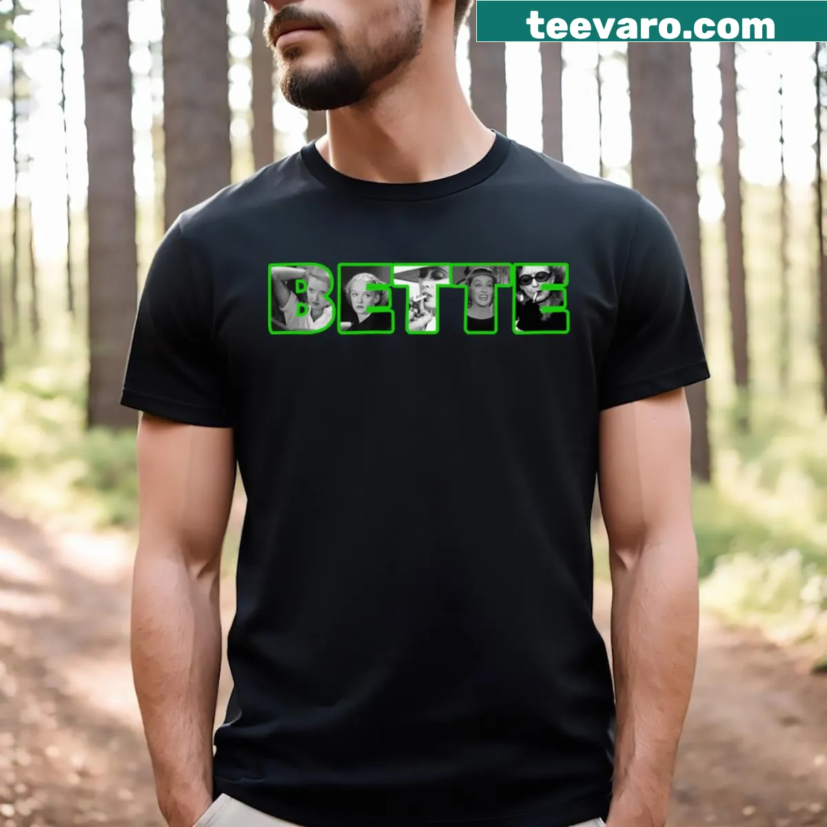 T-shirt featuring text tribute to Bette Davis Eyes. — on a men's t-shirt