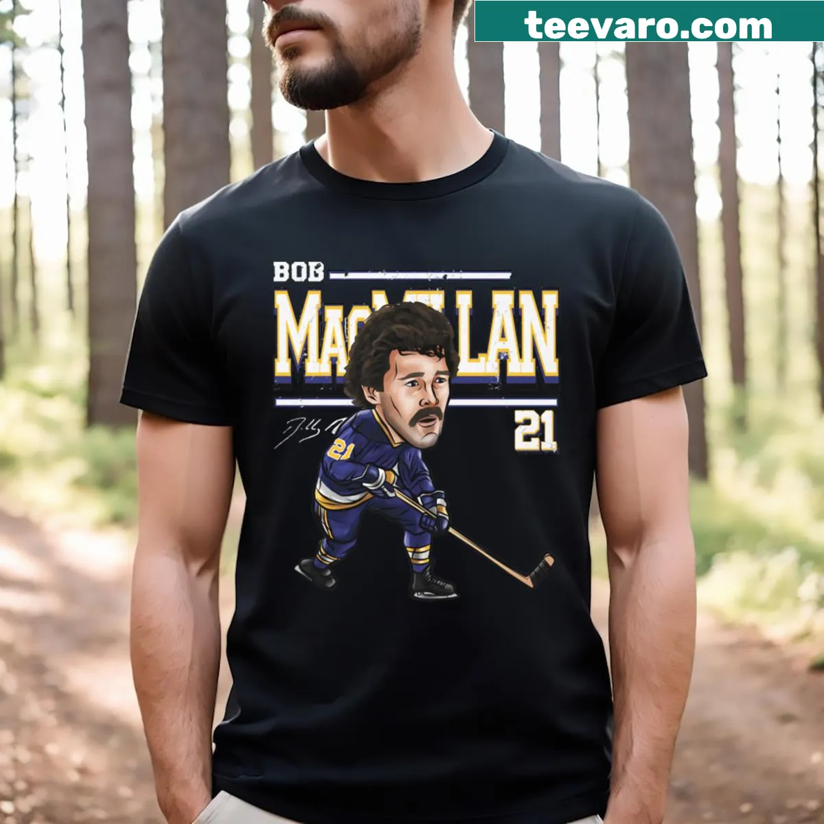 Cartoon graphic of Bob Macmillan on T-shirt — on a men's t-shirt