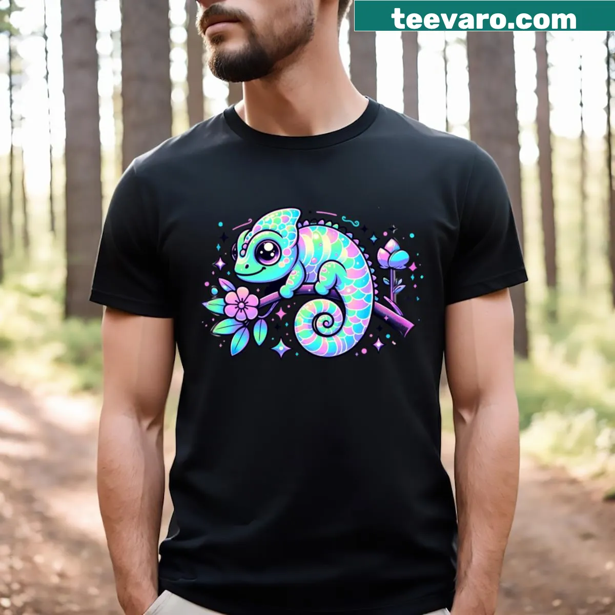 Kawaii chameleon cartoon t-shirt with pastel holographic elements — on a men's t-shirt