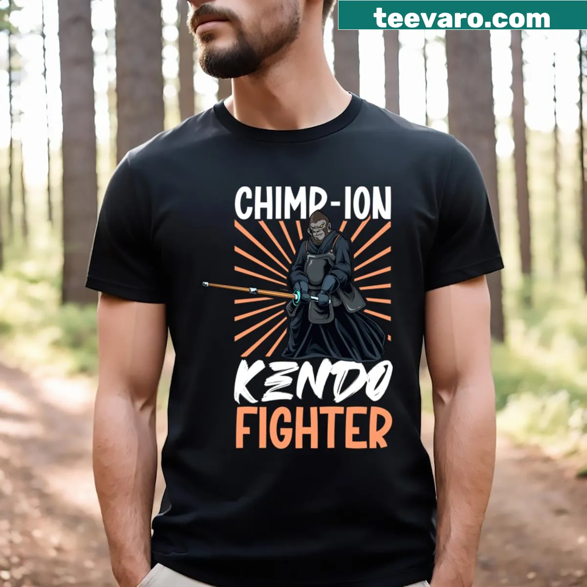 Cartoon t-shirt of a chimpanzee doing kendo — on a men's t-shirt