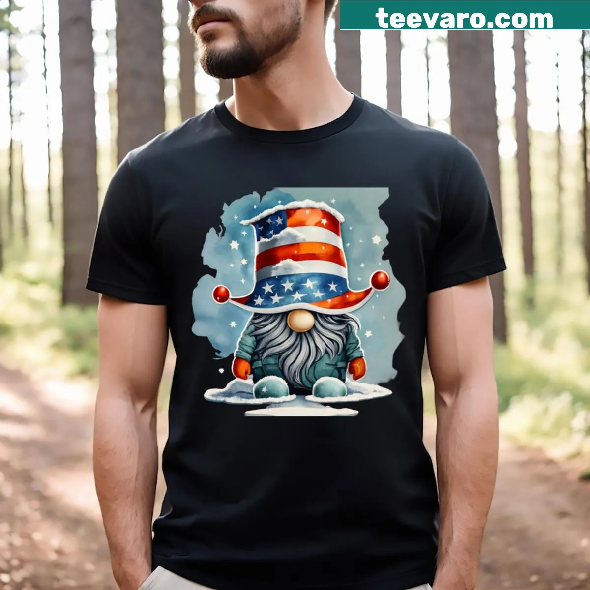 Funny Christmas gnome T-shirt with American flag design — on a men's t-shirt