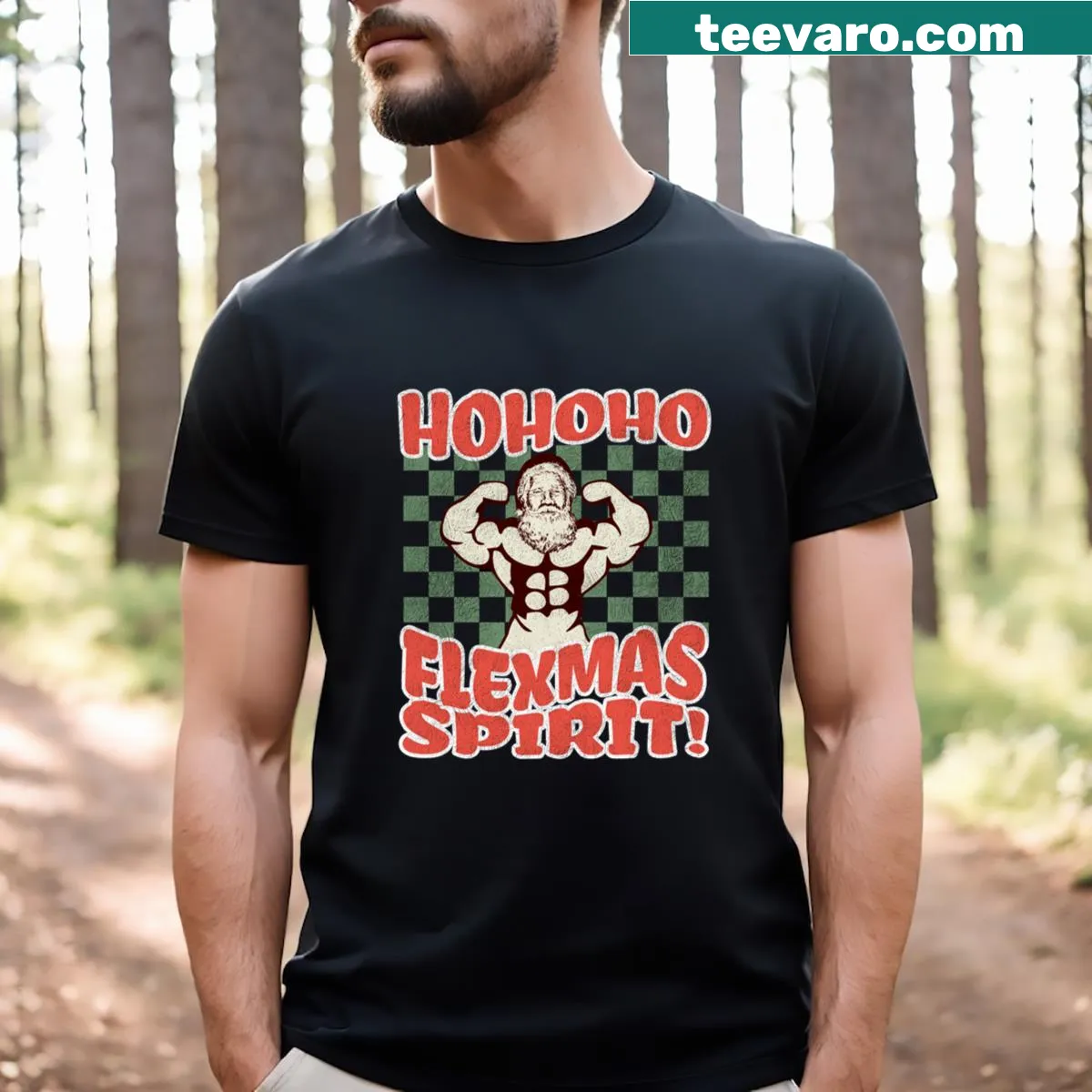Humorous Christmas Gym Flex T-shirt design for fitness lovers — on a men's t-shirt