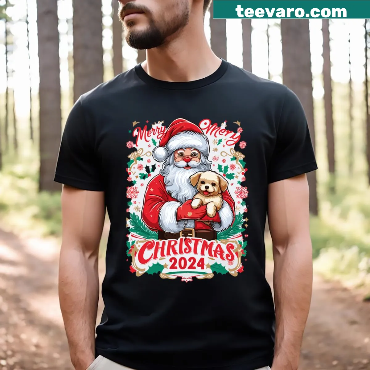 Punny Christmas hot dogs T-shirt for dog lovers — on a men's t-shirt