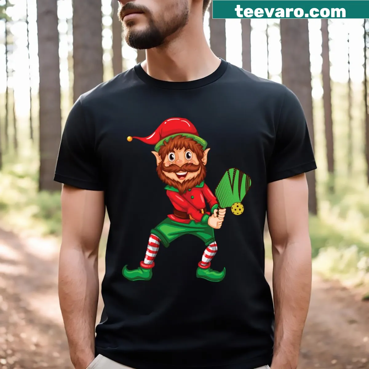 Cute matching Christmas pajamas with pickleball-playing elves illustration — on a men's t-shirt