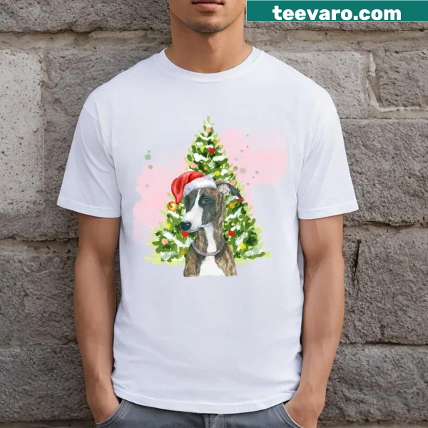 Christmas-themed T-shirt with a whippet and Christmas tree illustration