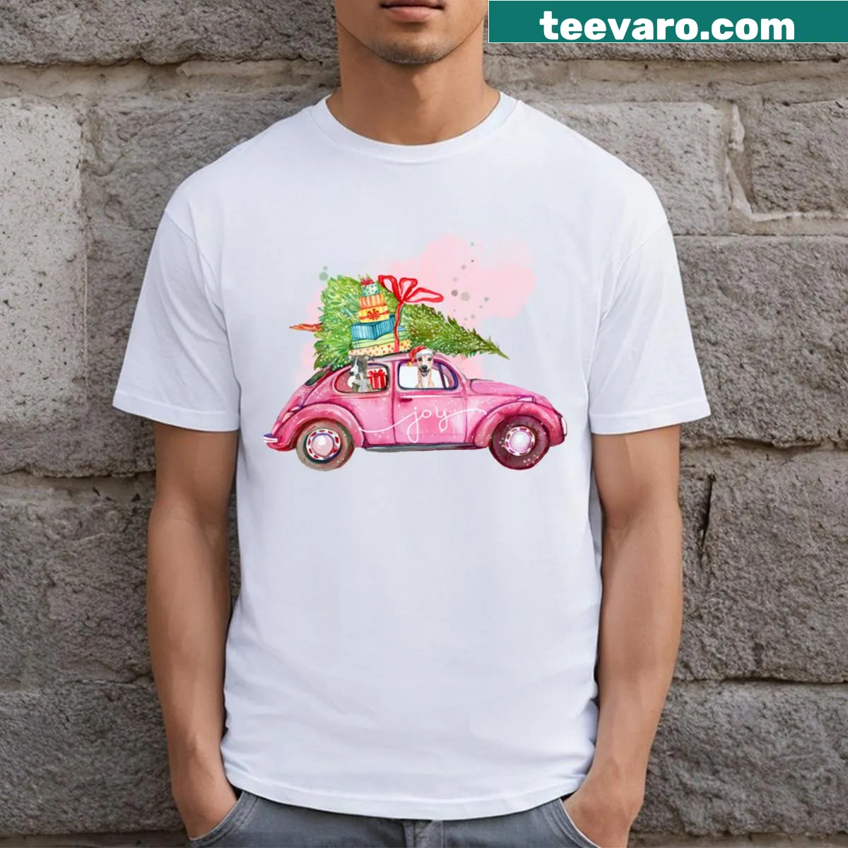 Whippet with Christmas tree and car illustration on t-shirt — on a men's t-shirt