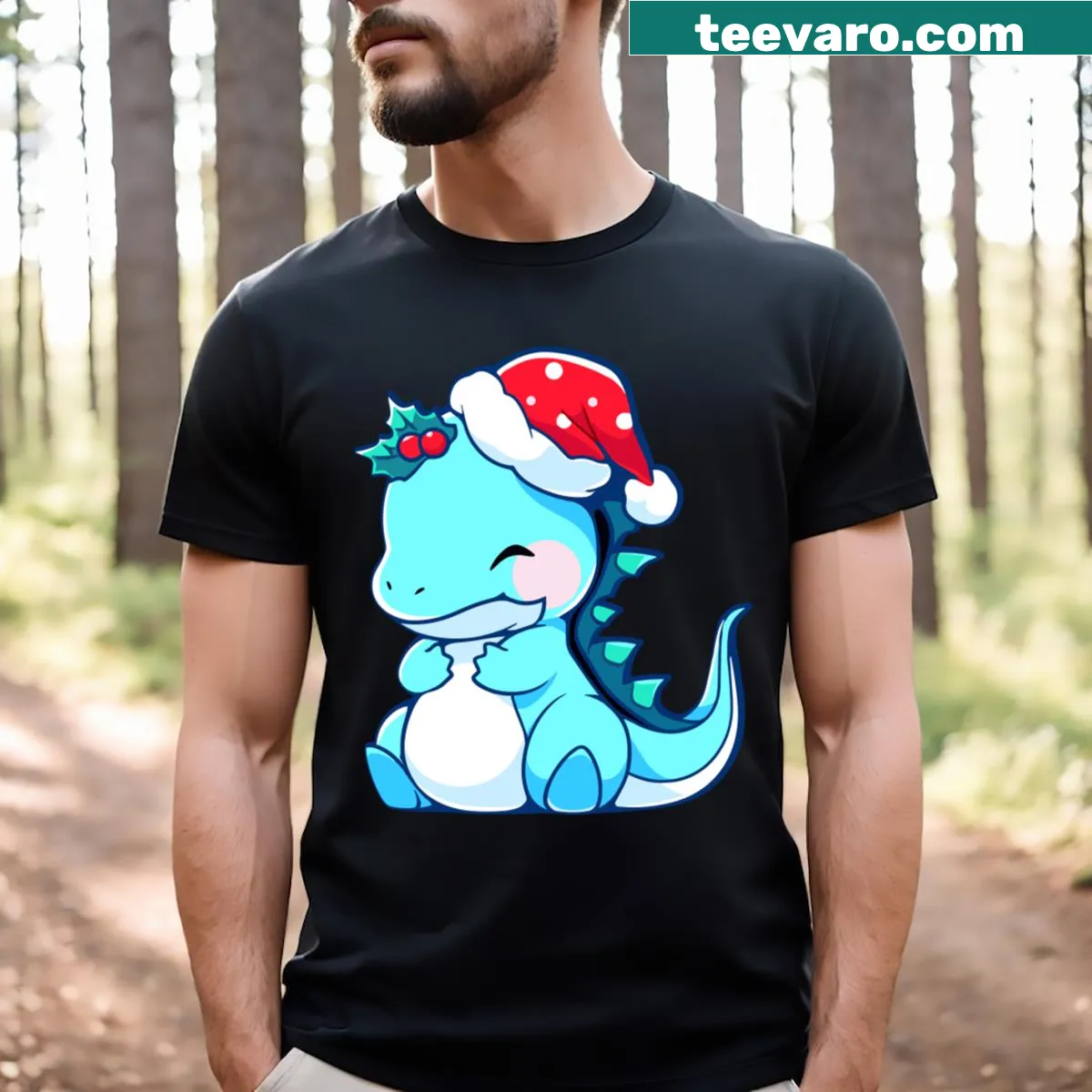 Cartoon dinosaur wearing a Santa hat for Christmas t-shirt — on a men's t-shirt