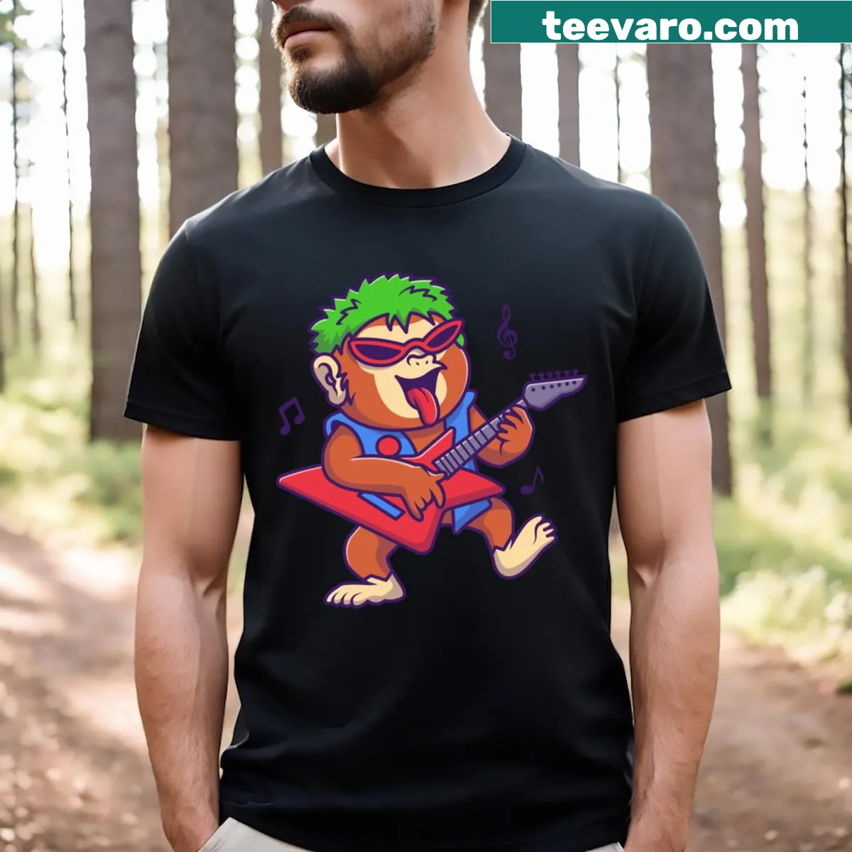 Cartoon monkey playing guitar design on a casual t-shirt — on a men's t-shirt