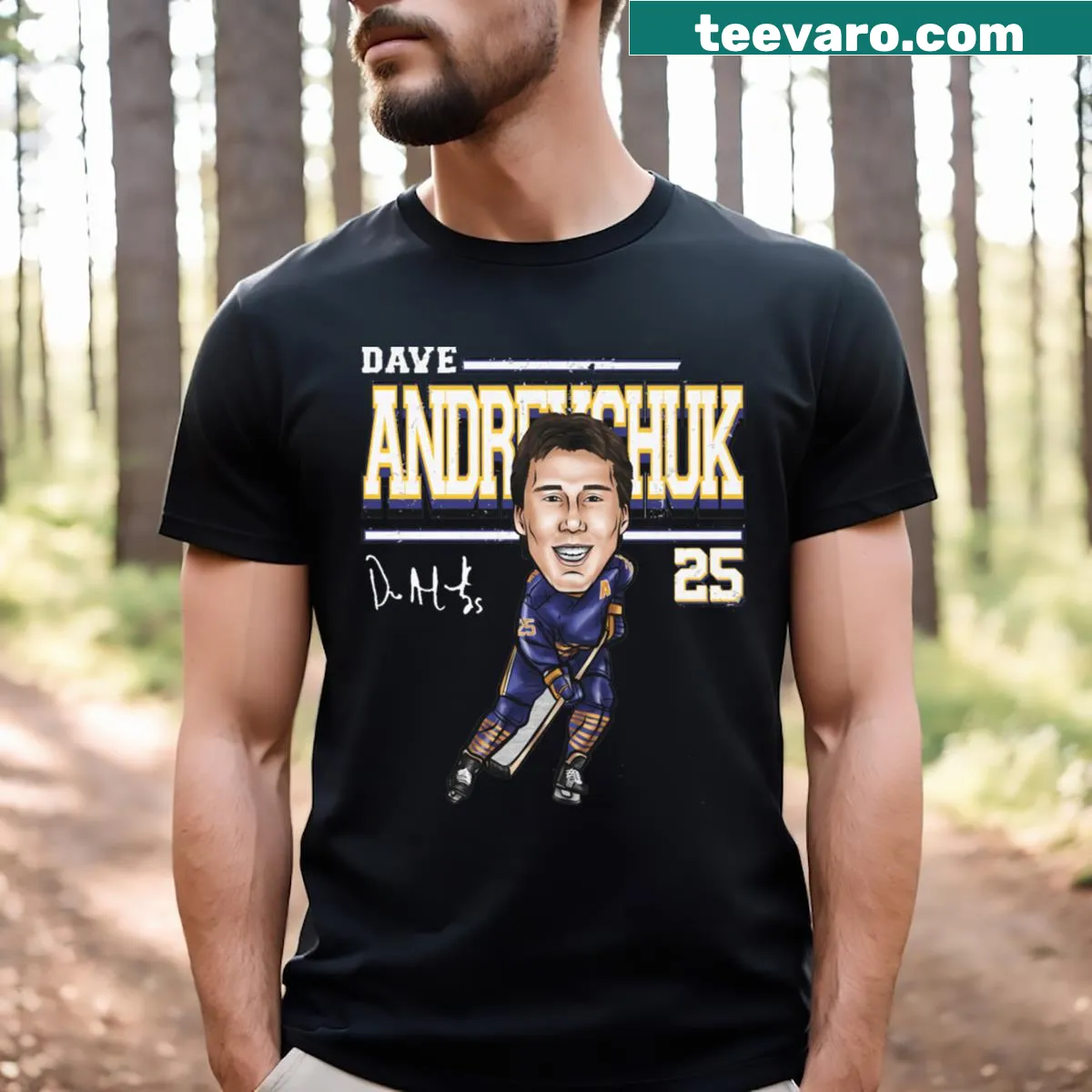 Cartoon illustration of Dave Andreychuk on a Buffalo Sabres T-shirt. — on a men's t-shirt