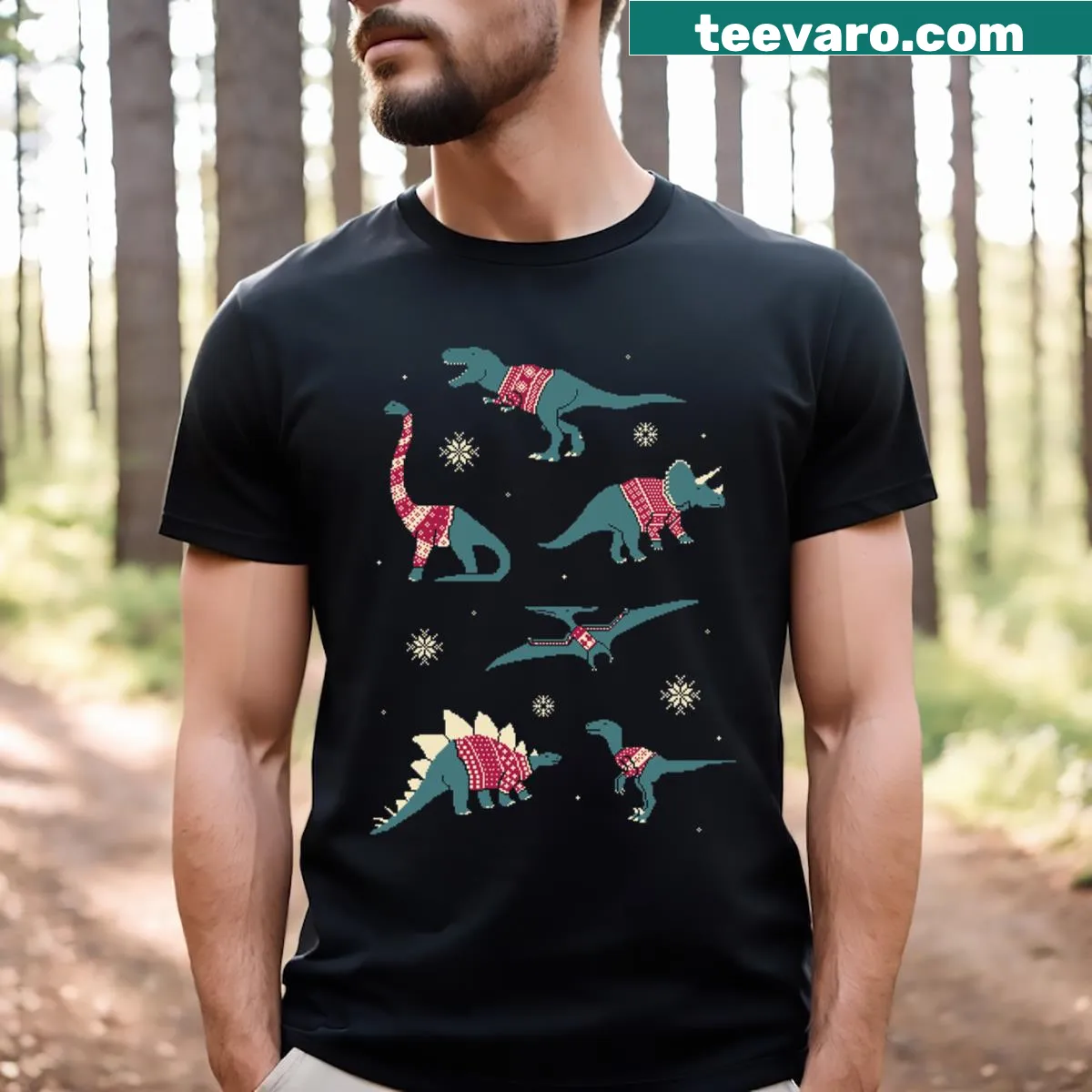 T-shirt featuring playful dinosaur graphic — on a men's t-shirt