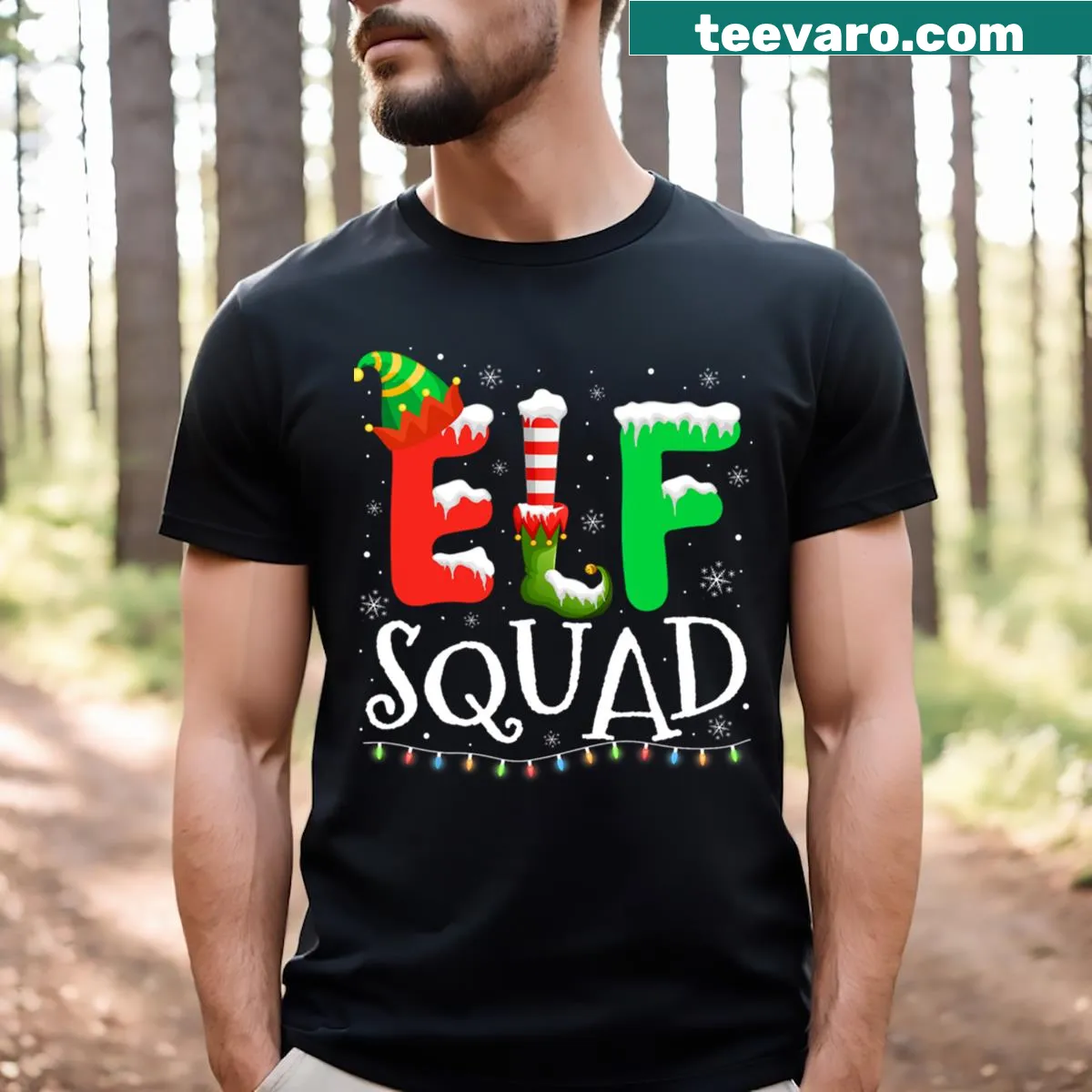 Matching family Christmas t-shirt with elf design — on a men's t-shirt