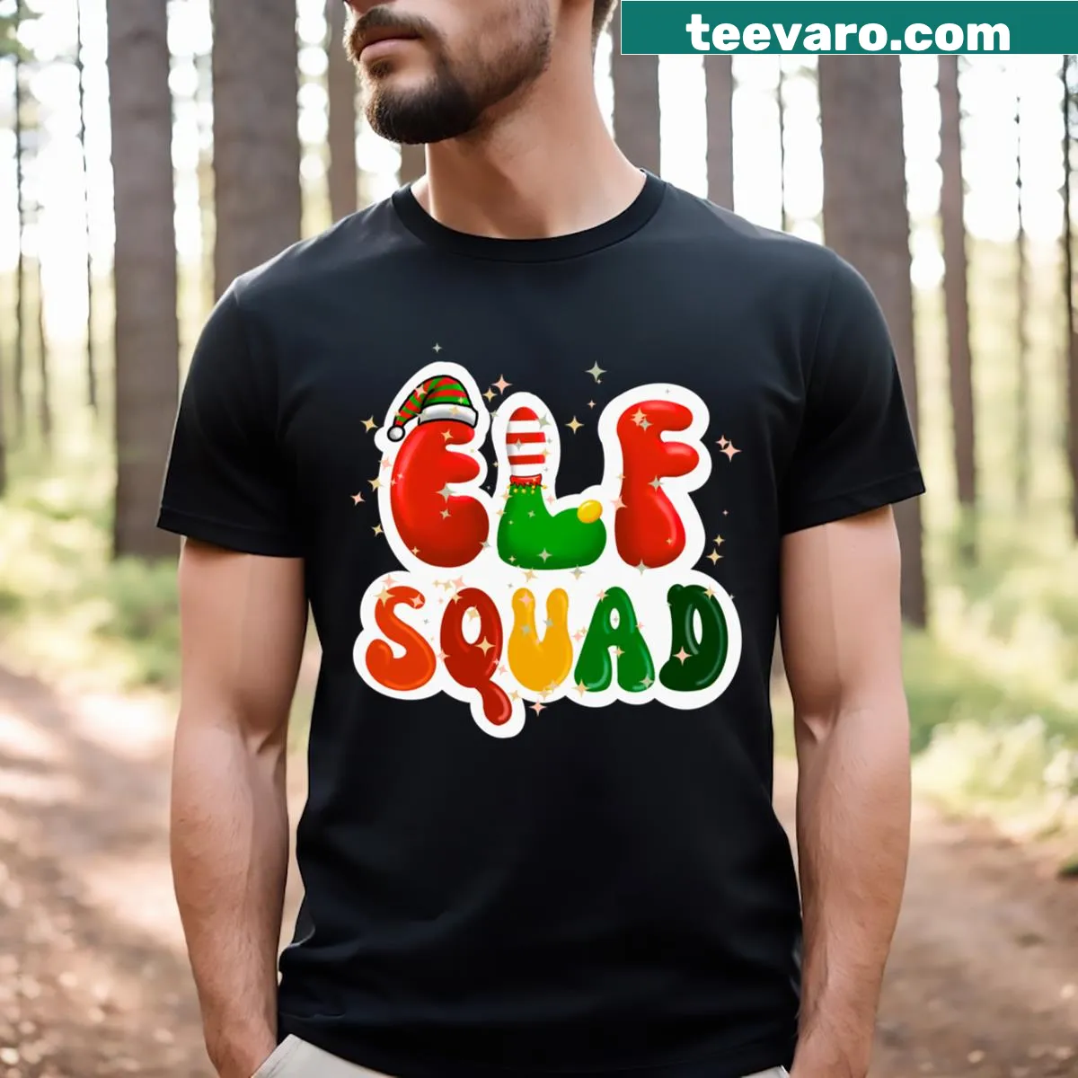 Elf squad illustration on a Christmas-themed T-shirt — on a men's t-shirt