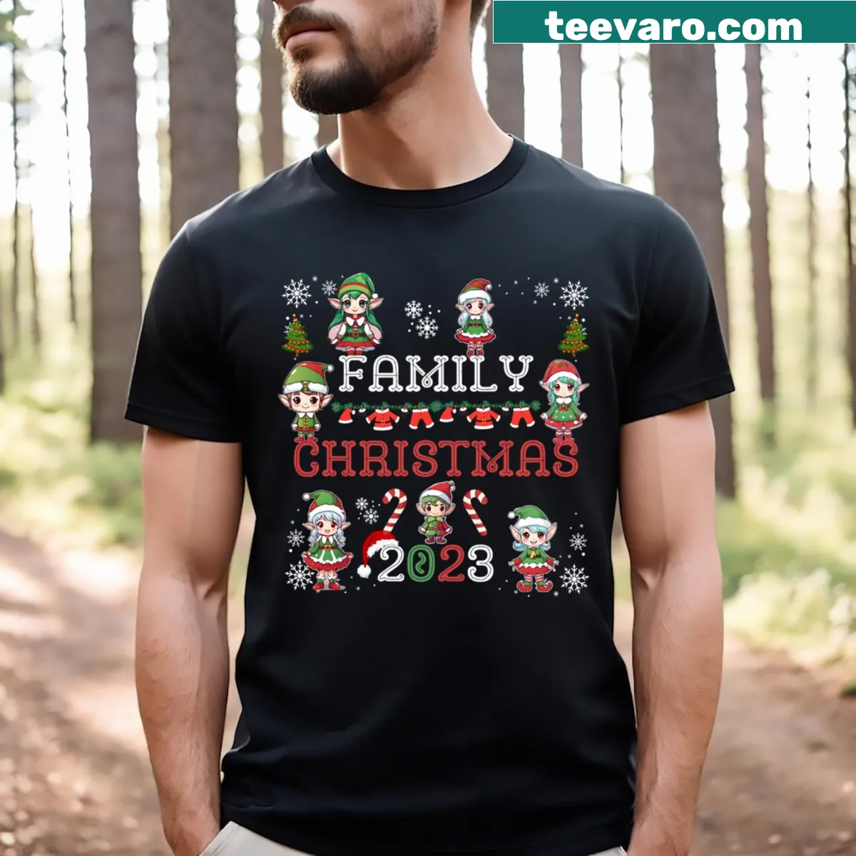 Family Elf Squad Christmas T-shirt with playful elf illustrations. — on a men's t-shirt