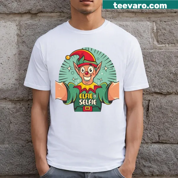 Funny Elfie Selfie Christmas T-shirt with playful elf graphics.