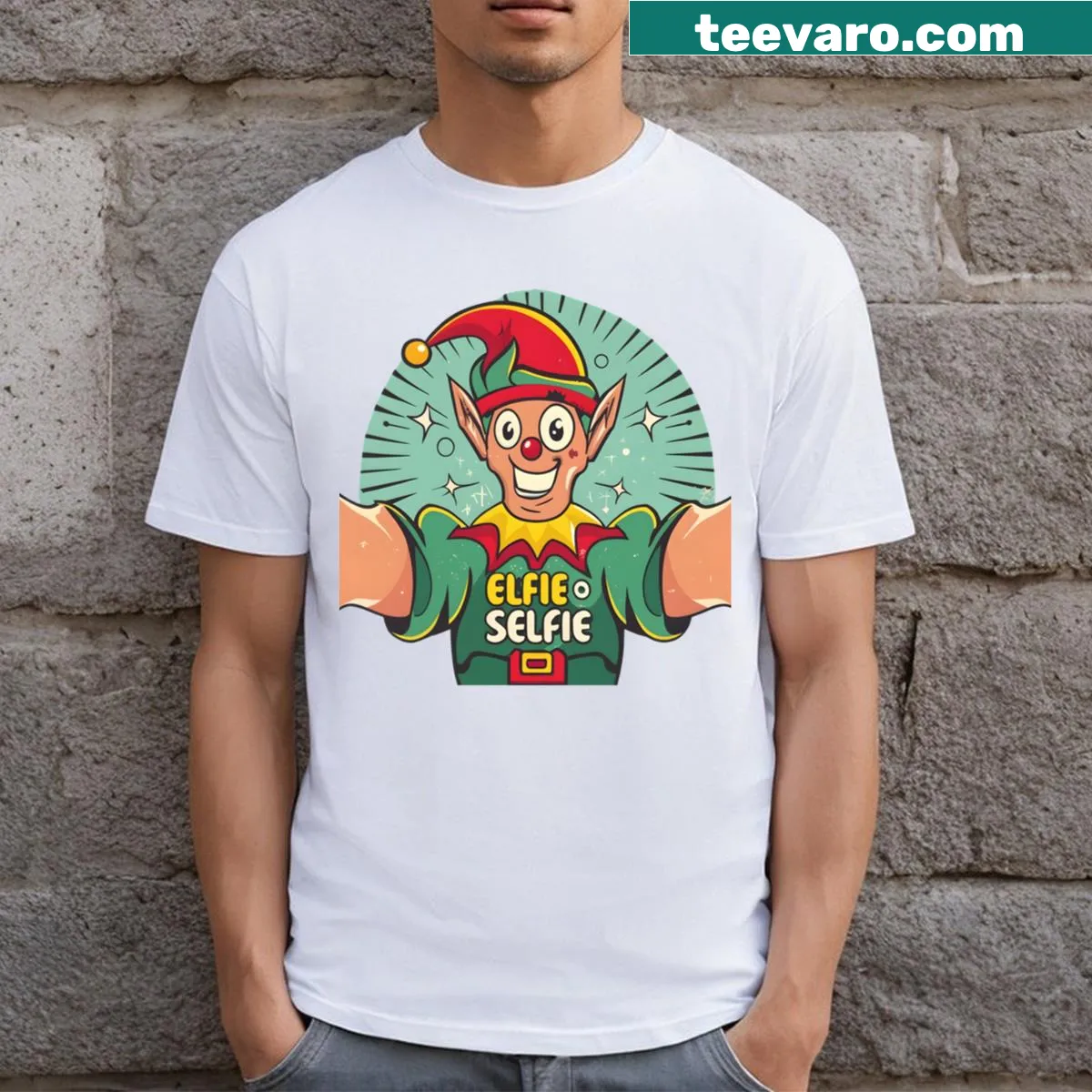 Funny Elfie Selfie Christmas T-shirt with playful elf graphics. — on a men's t-shirt