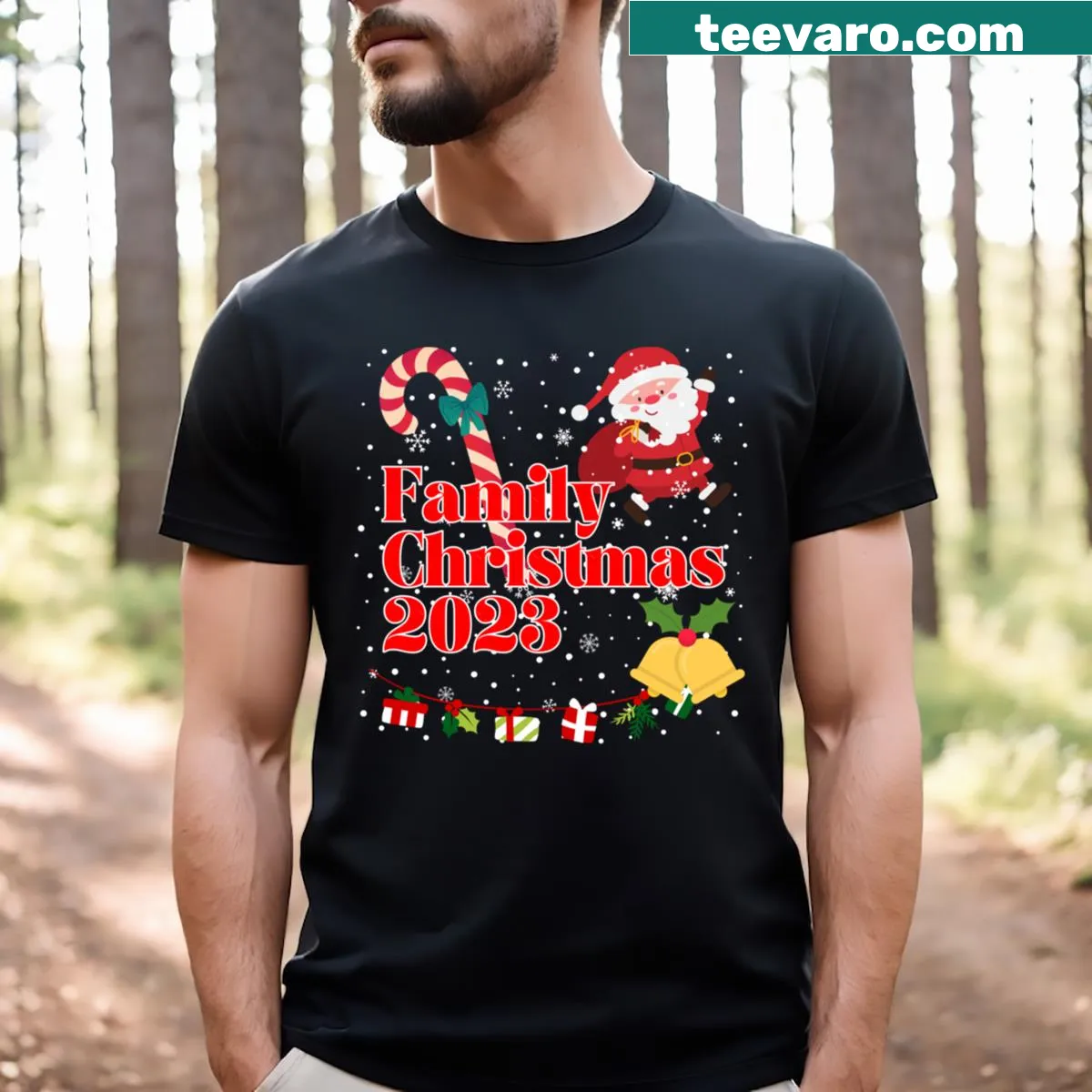 Matching Christmas T-shirt with Santa and elf illustrations for family — on a men's t-shirt