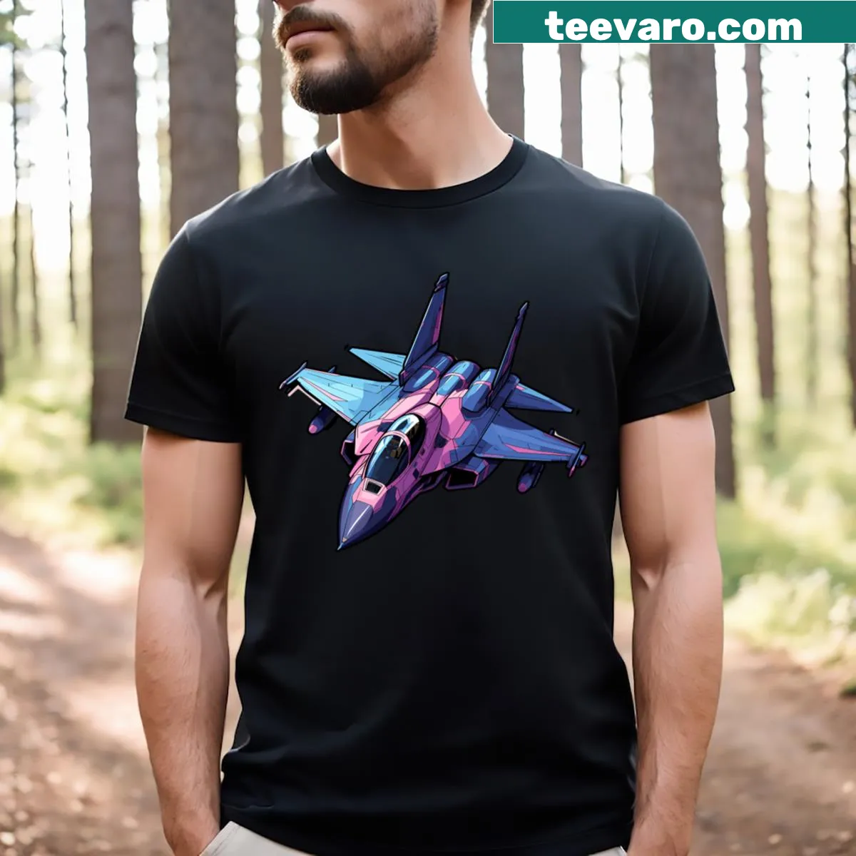 Cartoon fighter jet t-shirt for kids who love airplanes — on a men's t-shirt